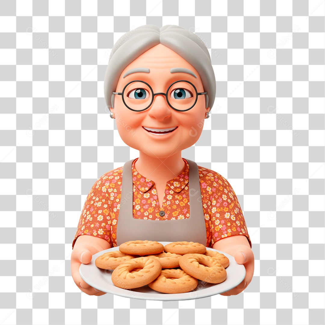Personagem Mulher Idosa Segurando Bandeja de Biscoito PNG Transparente