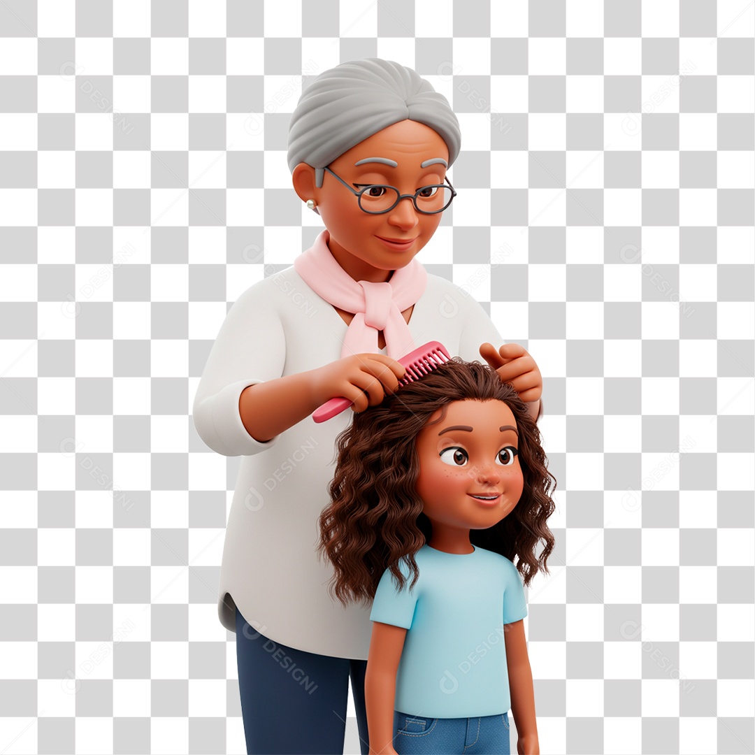 Personagem Avó Penteando Cabelo da Neta PNG Transparente
