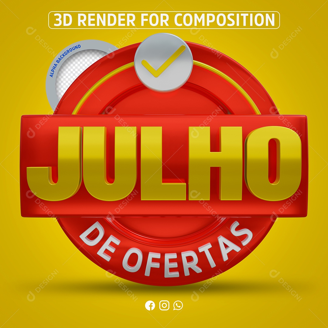 Selo 3D Julho de Ofertas Vermelho Para Composição PSD