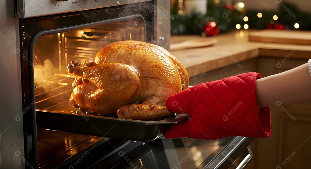Imagem mostra um frango sendo retirado de um forno