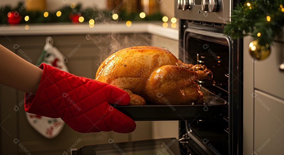 Imagem mostra um frango sendo retirado de um forno