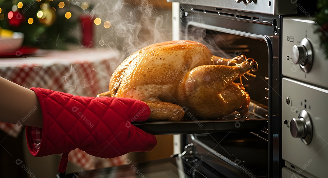 Imagem mostra um frango sendo retirado de um forno
