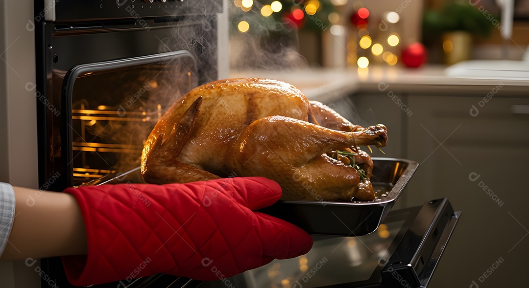 Imagem mostra um frango sendo retirado de um forno