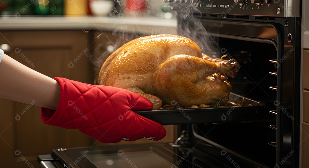 Imagem mostra um frango sendo retirado de um forno