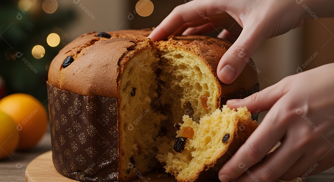 Imagem mostra um panetone sendo cortado, um bolo tradicionalmente associado às festividades de Natal