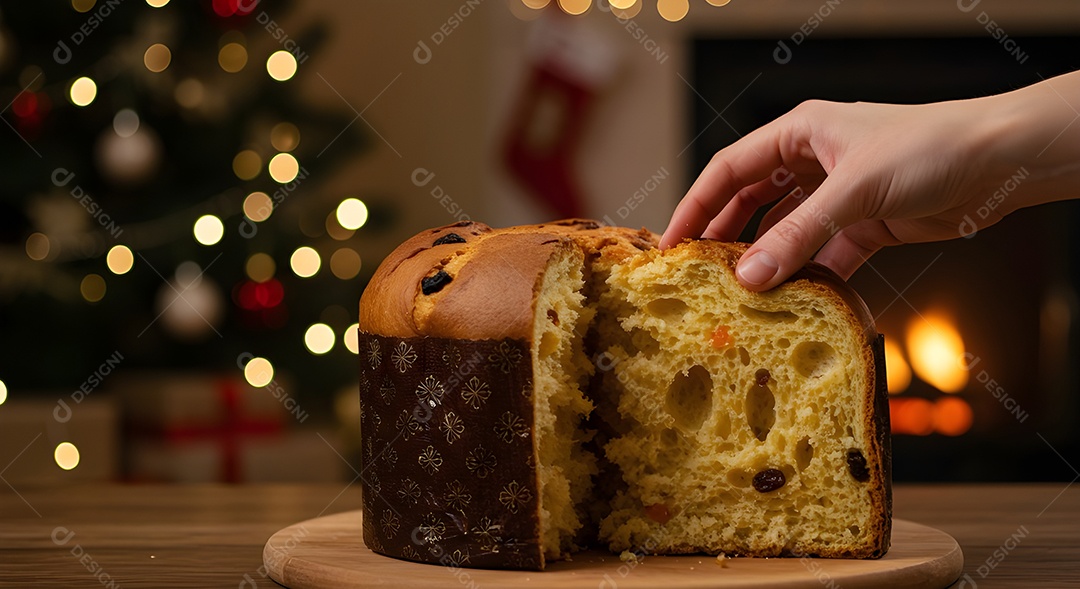 Imagem mostra um panetone sendo cortado, um bolo tradicionalmente associado às festividades de Natal