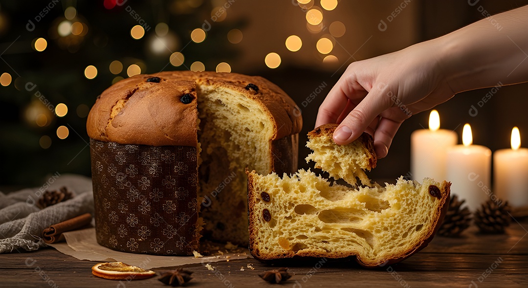 Imagem mostra um panetone sendo cortado, um bolo tradicionalmente associado às festividades de Natal