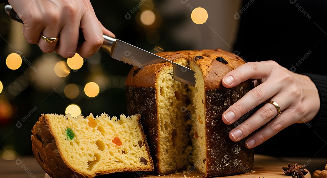 Imagem mostra um panetone sendo cortado, um bolo tradicionalmente associado às festividades de Natal