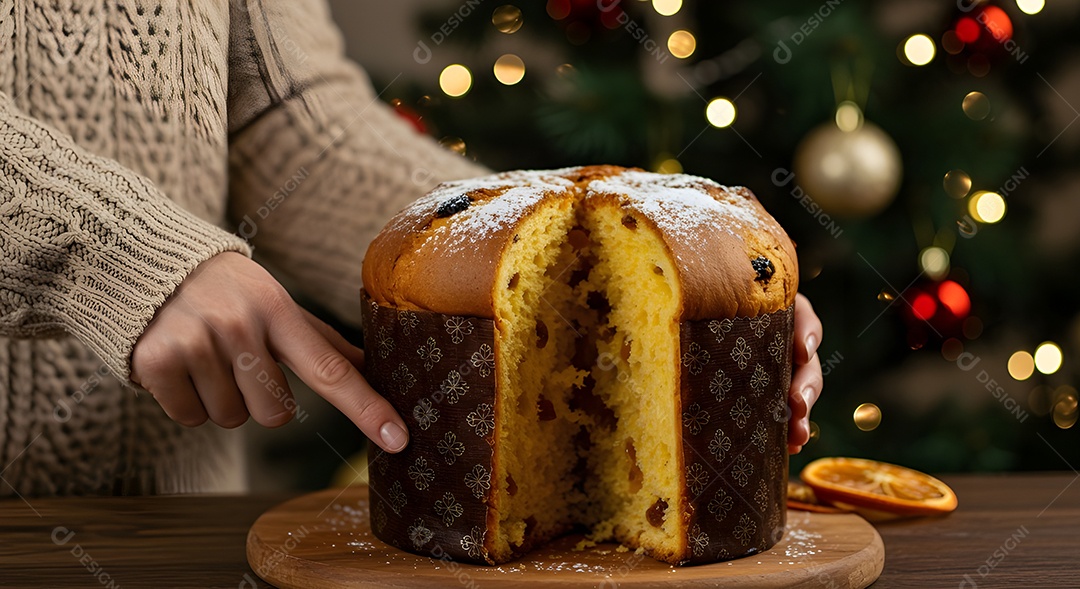 Imagem mostra um panetone sendo cortado, um bolo tradicionalmente associado às festividades de Natal