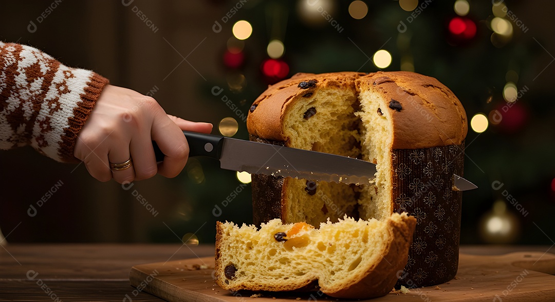 Imagem mostra um panetone sendo cortado, um bolo tradicionalmente associado às festividades de Natal
