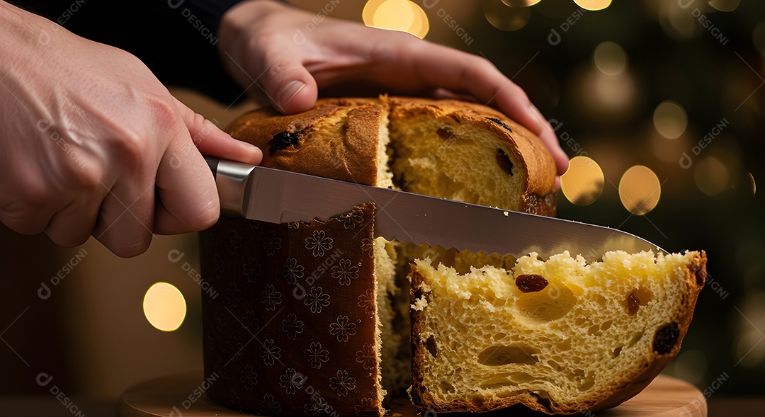 Imagem mostra um panetone sendo cortado, um bolo tradicionalmente associado às festividades de Natal