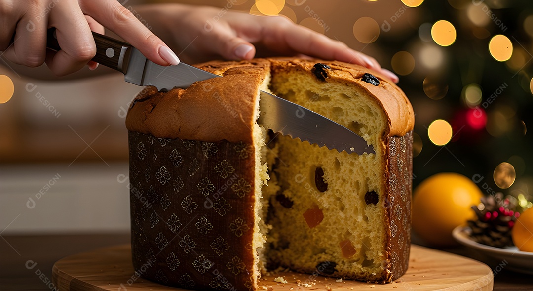 Imagem mostra um panetone sendo cortado, um bolo tradicionalmente associado às festividades de Natal