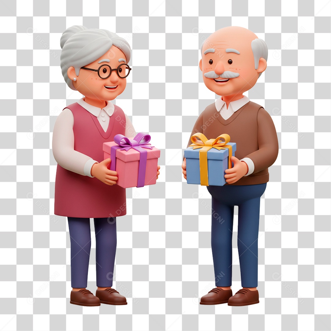 Personagem Casal de Idosos Trocando Presentes PNG Transparente
