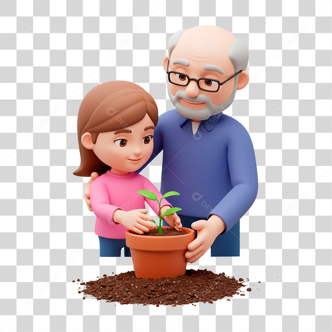 Personagem Avô Plantando com Sua Neta PNG Transparente