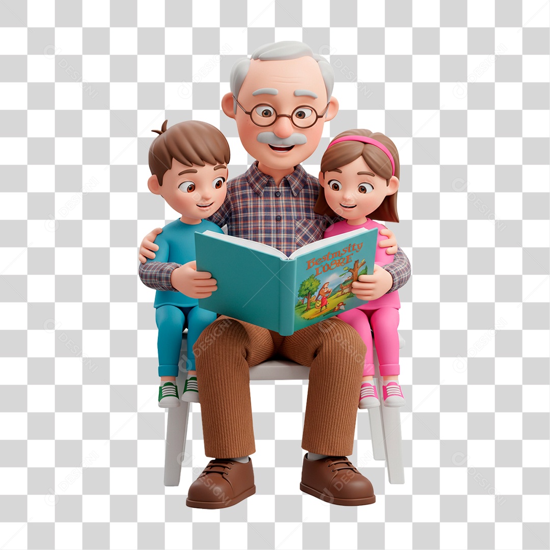 Personagem Avô Lendo Livros Para os Netos PNG Transparente