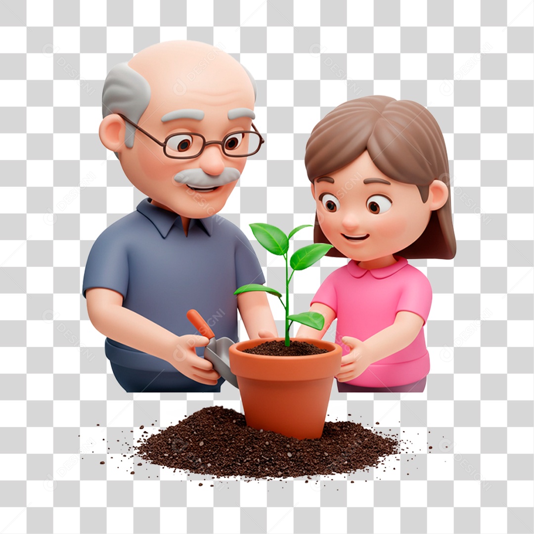 Personagem Avô Plantando com Sua Neta PNG Transparente