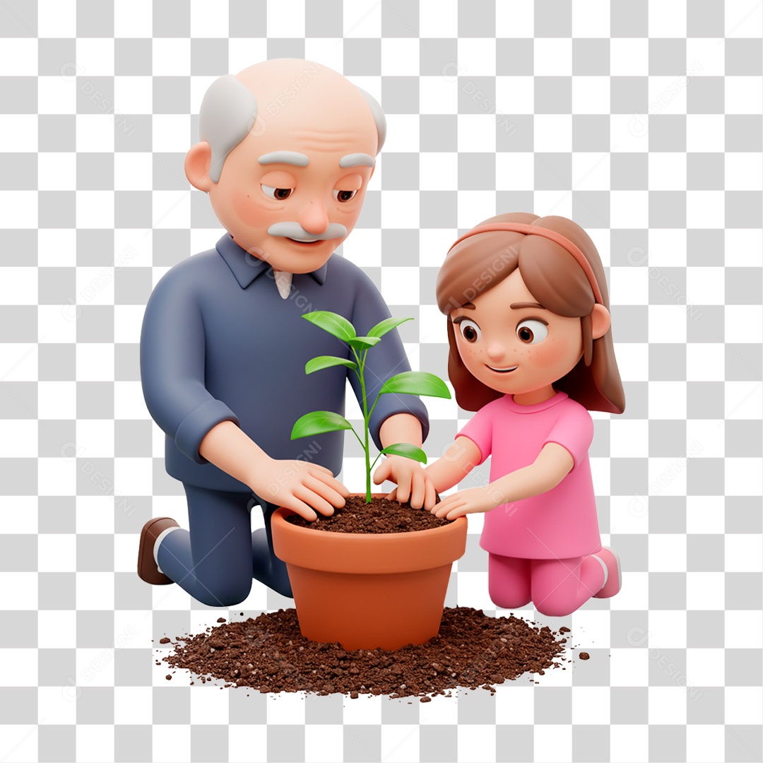Personagem Avô Plantando com Sua Neta PNG Transparente