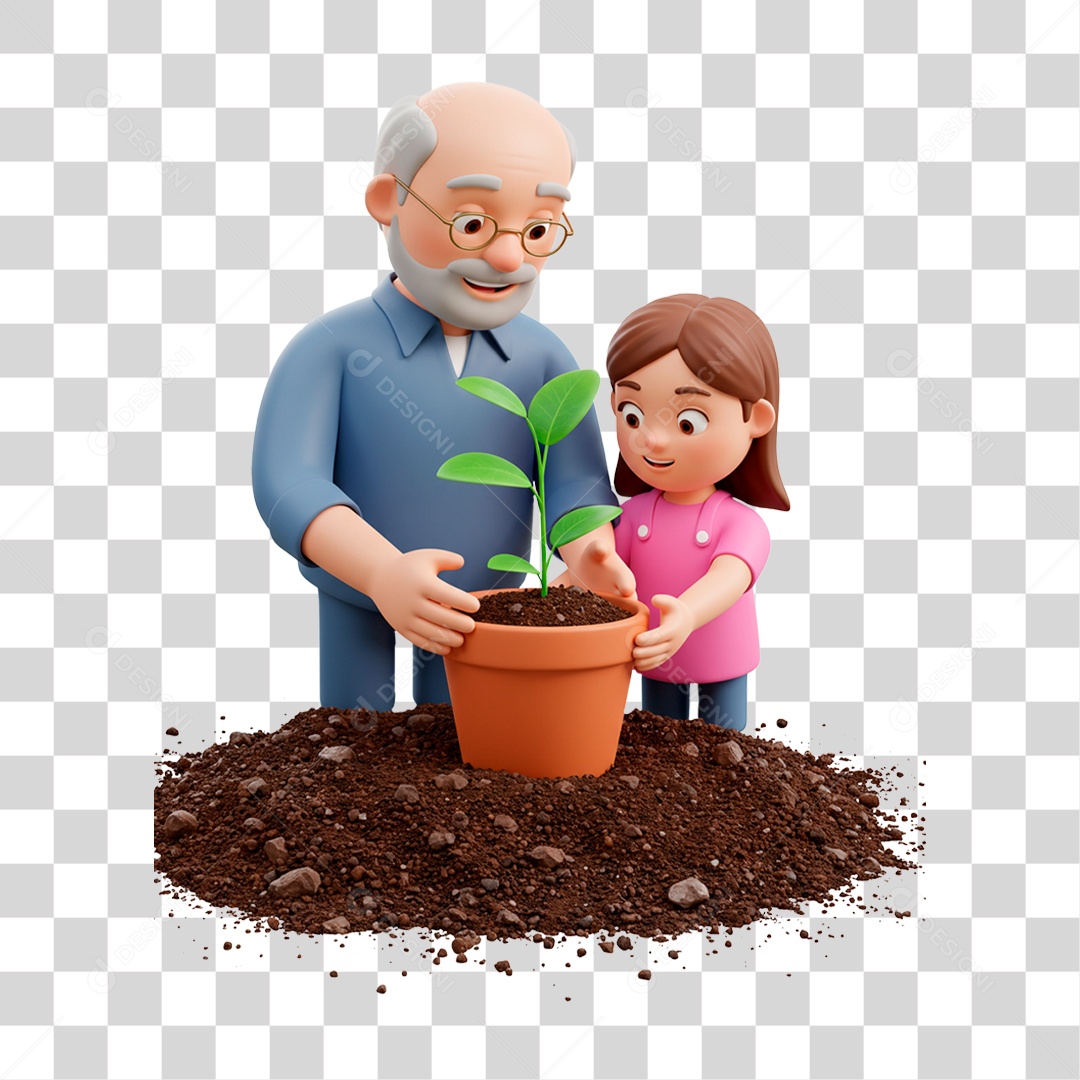 Personagem Avô Plantando com Sua Neta PNG Transparente