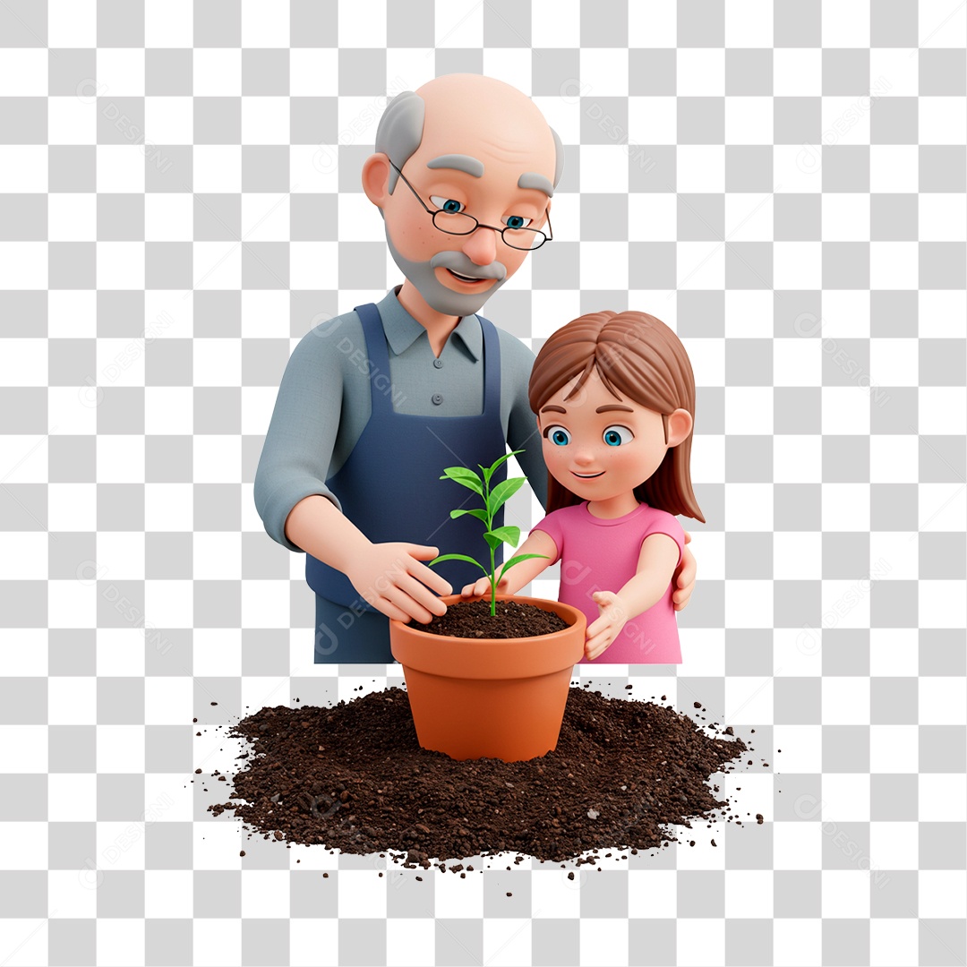 Personagem Avô Plantando com Sua Neta PNG Transparente