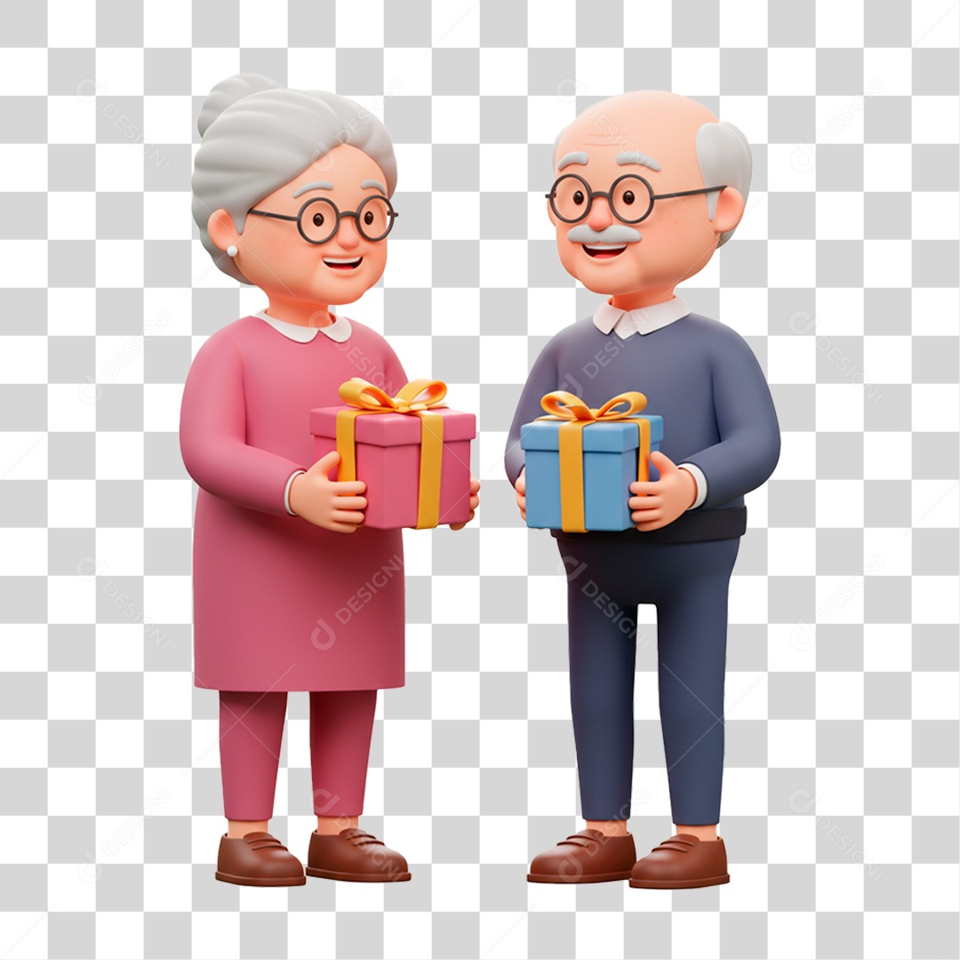 Personagem Casal de Idosos Trocando Presentes PNG Transparente