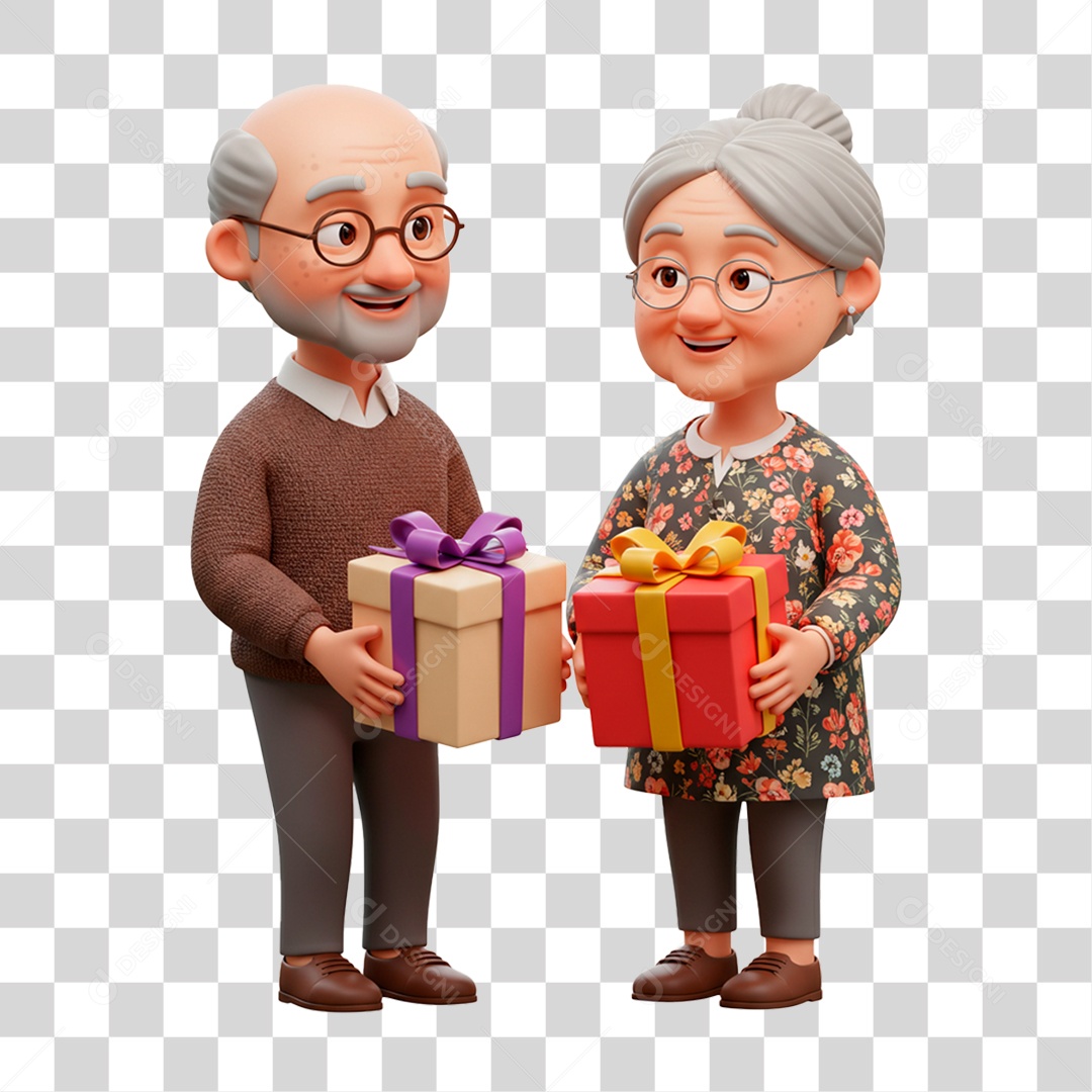 Personagem Casal de Idosos Trocando Presentes PNG Transparente