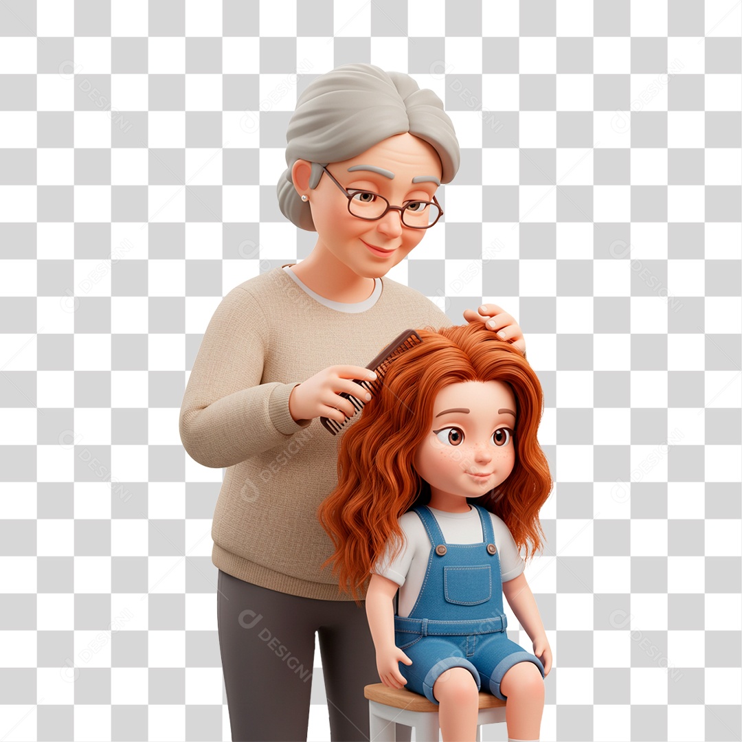 Personagem Avó Penteando Cabelo da Neta PNG Transparente