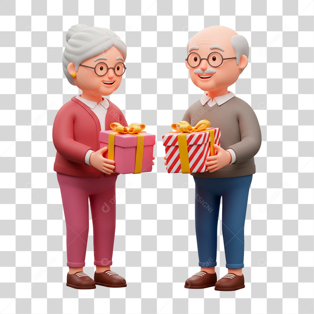 Personagem Casal de Idosos Trocando Presentes PNG Transparente