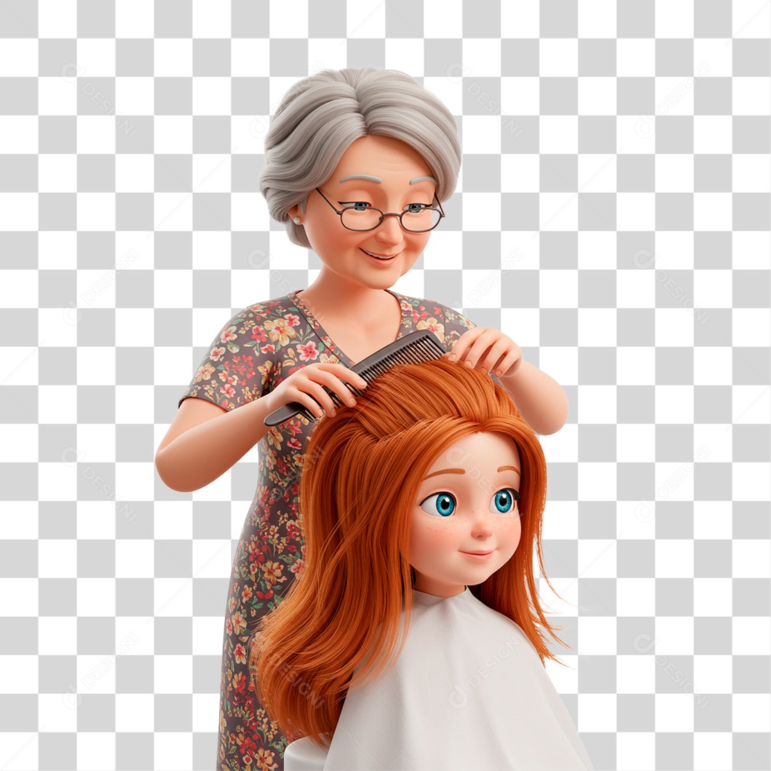 Personagem Avó Penteando Cabelo da Neta PNG Transparente