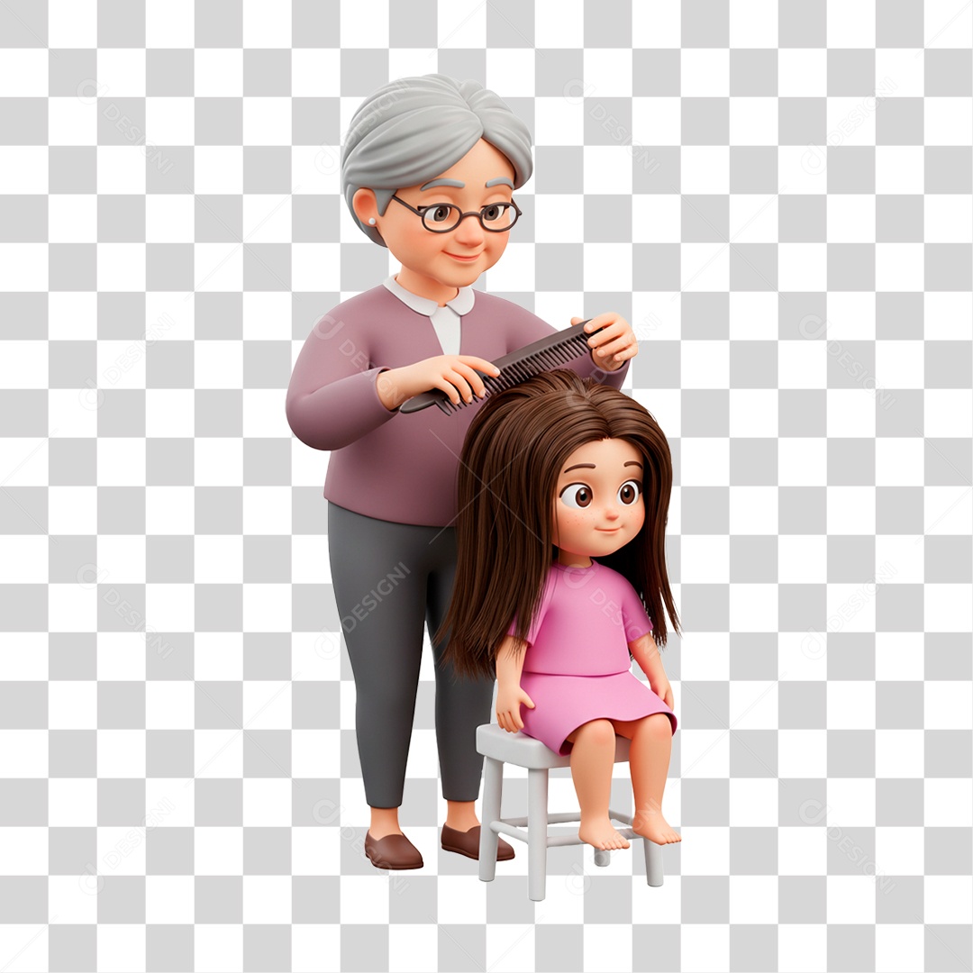 Personagem Avó Penteando Cabelo da Neta PNG Transparente