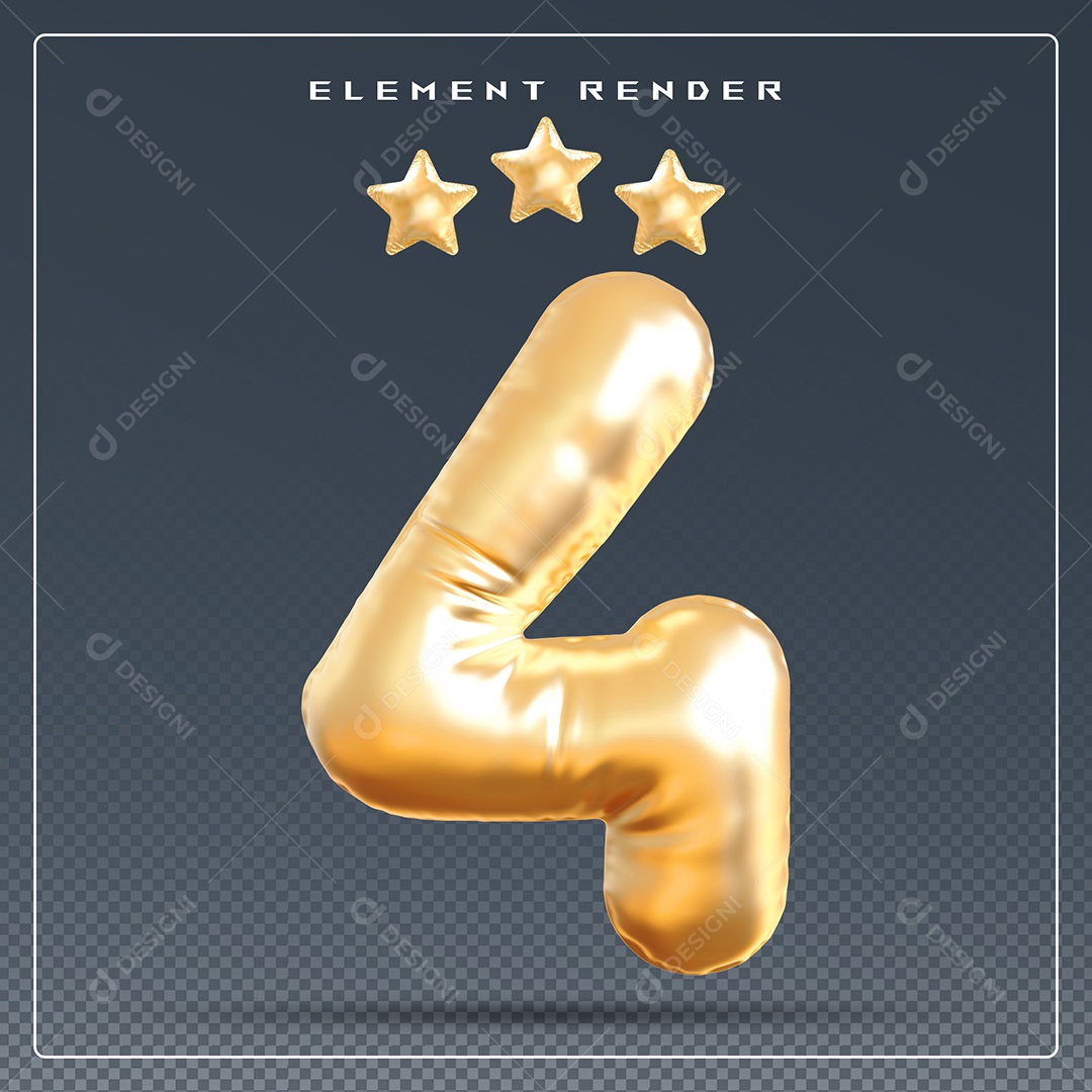 Elemento 3D Número 4 Dourado para Composição PSD
