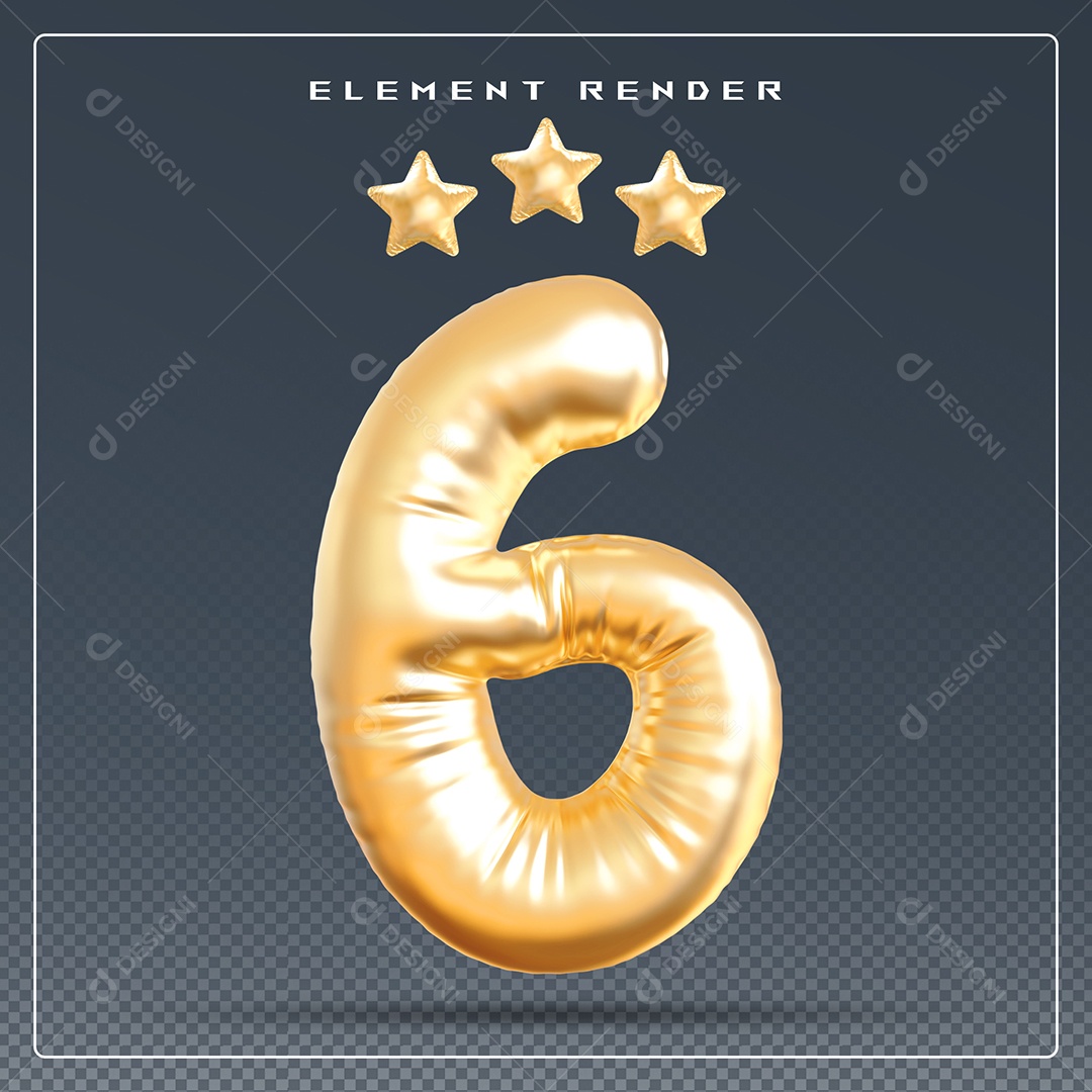 Elemento 3D Número 6 Dourado para Composição PSD