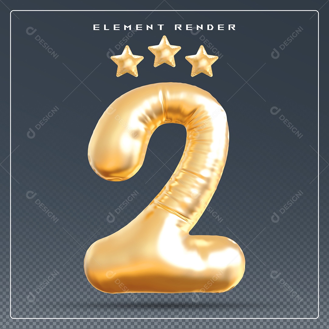 Elemento 3D Número 2 Dourado para Composição PSD
