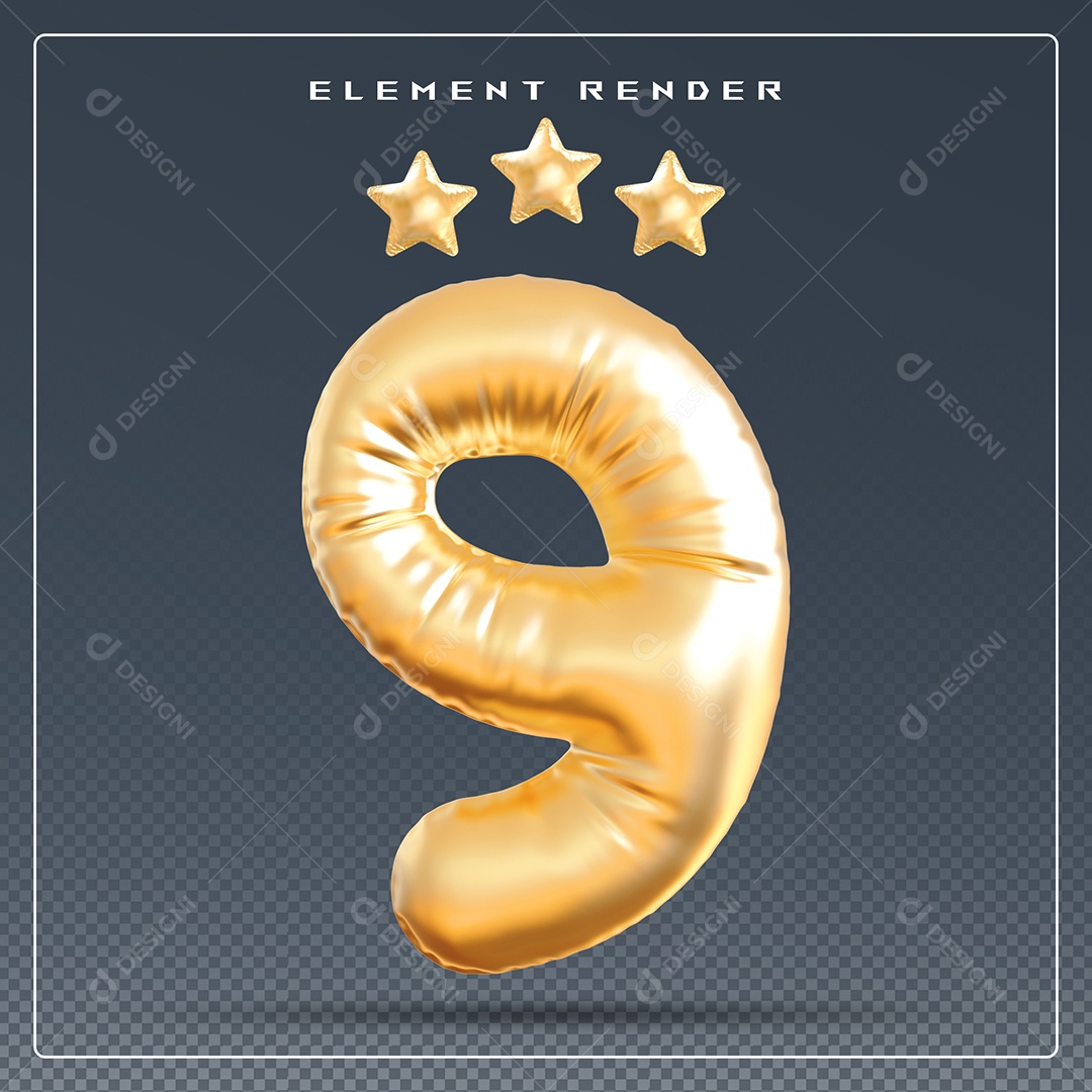 Elemento 3D Número 9 Dourado para Composição PSD