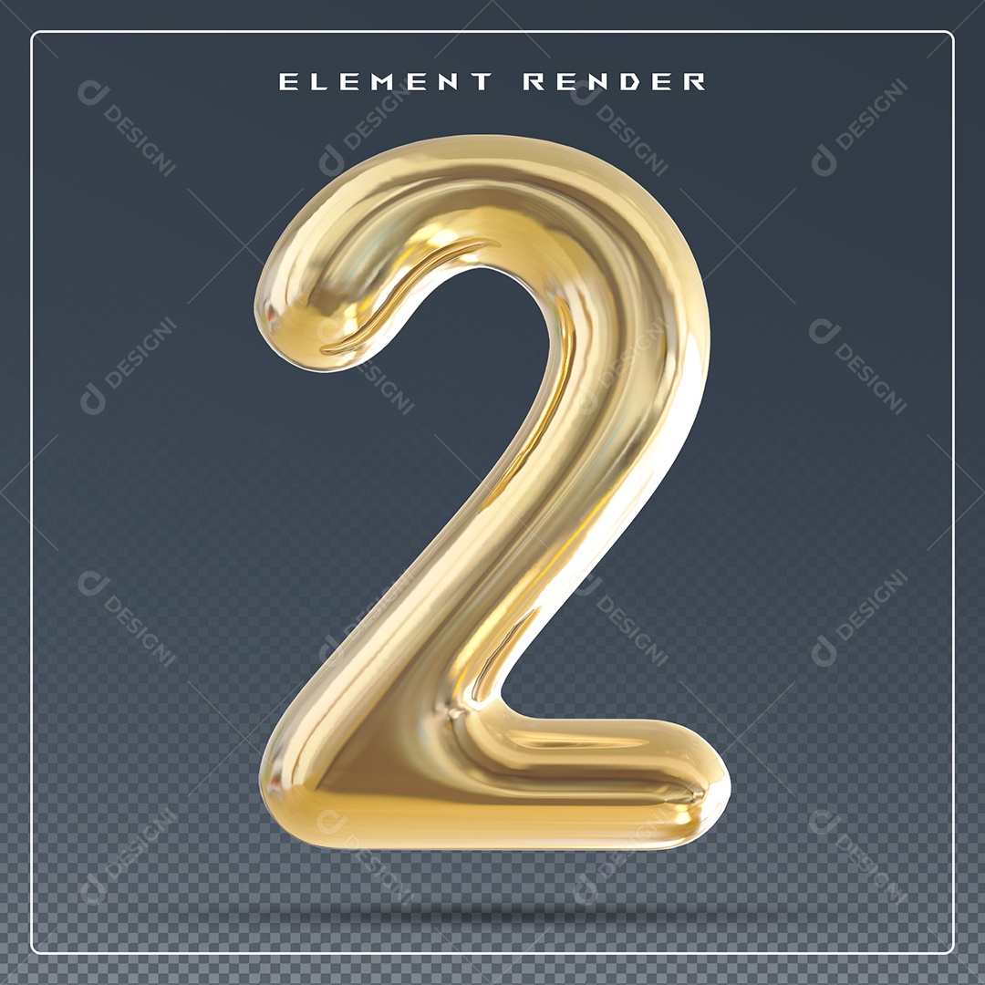 Elemento 3D Número 2 Dourado para Composição PSD