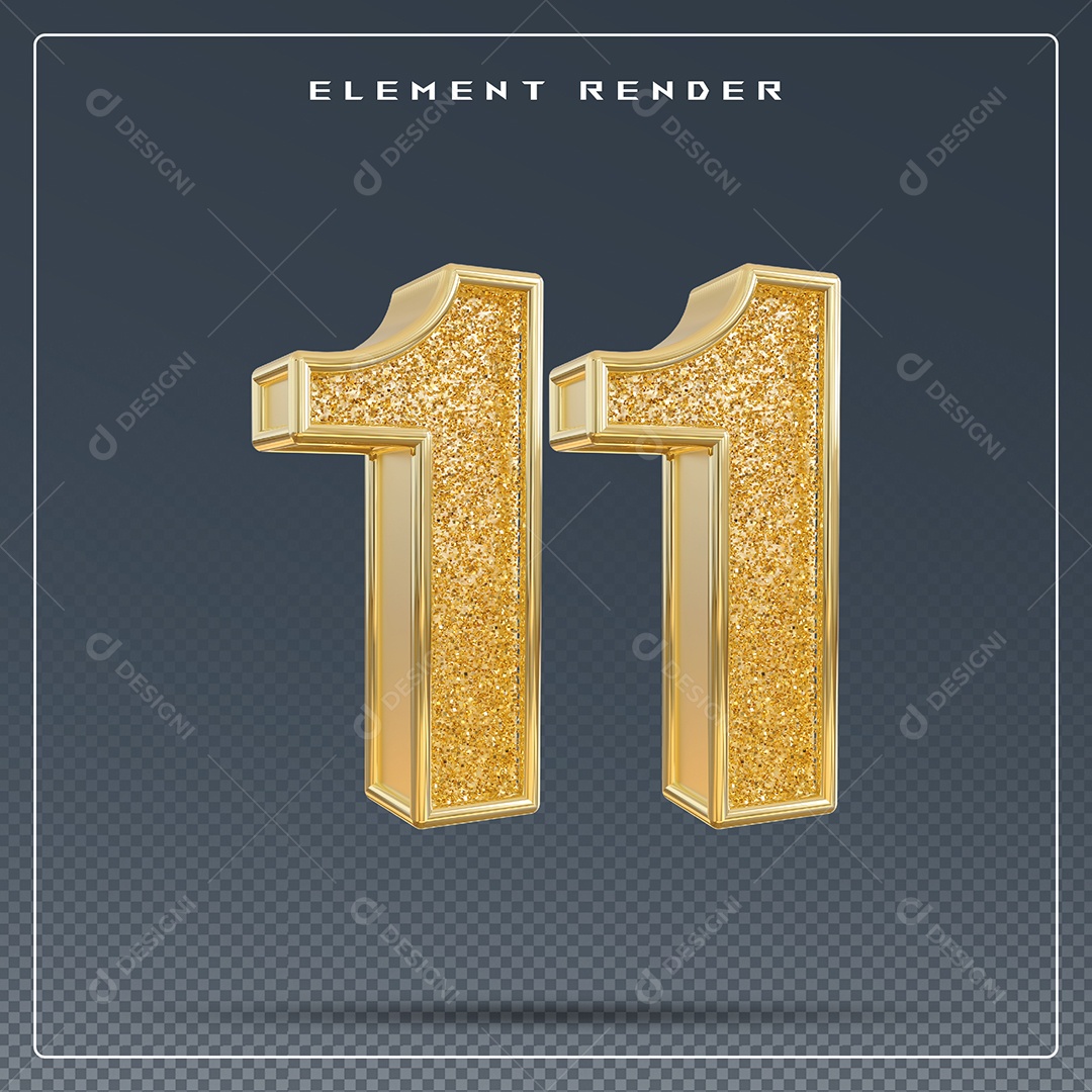 Elemento 3D Número 11 Dourado para Composição PSD