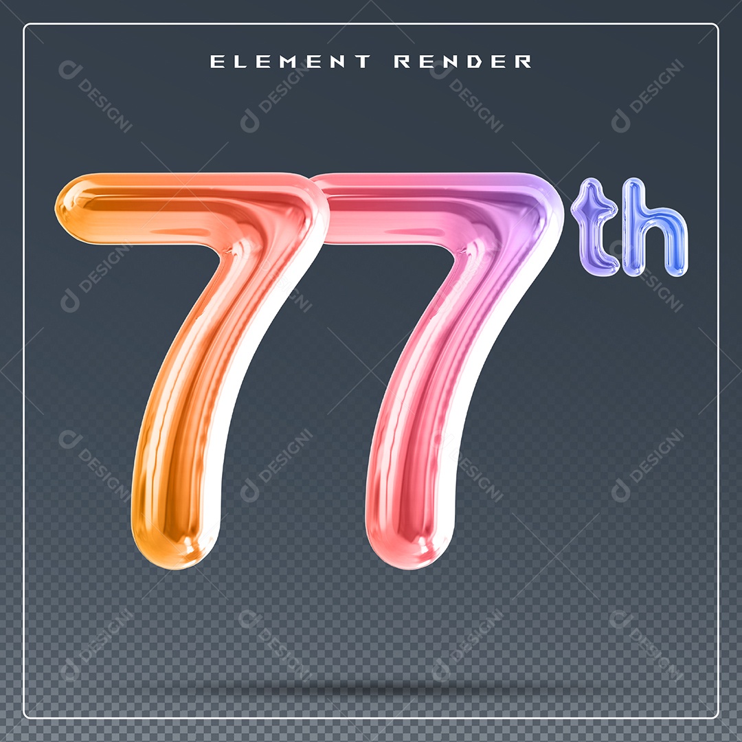 Elemento 3D Número 77 Colorido para Composição PSD