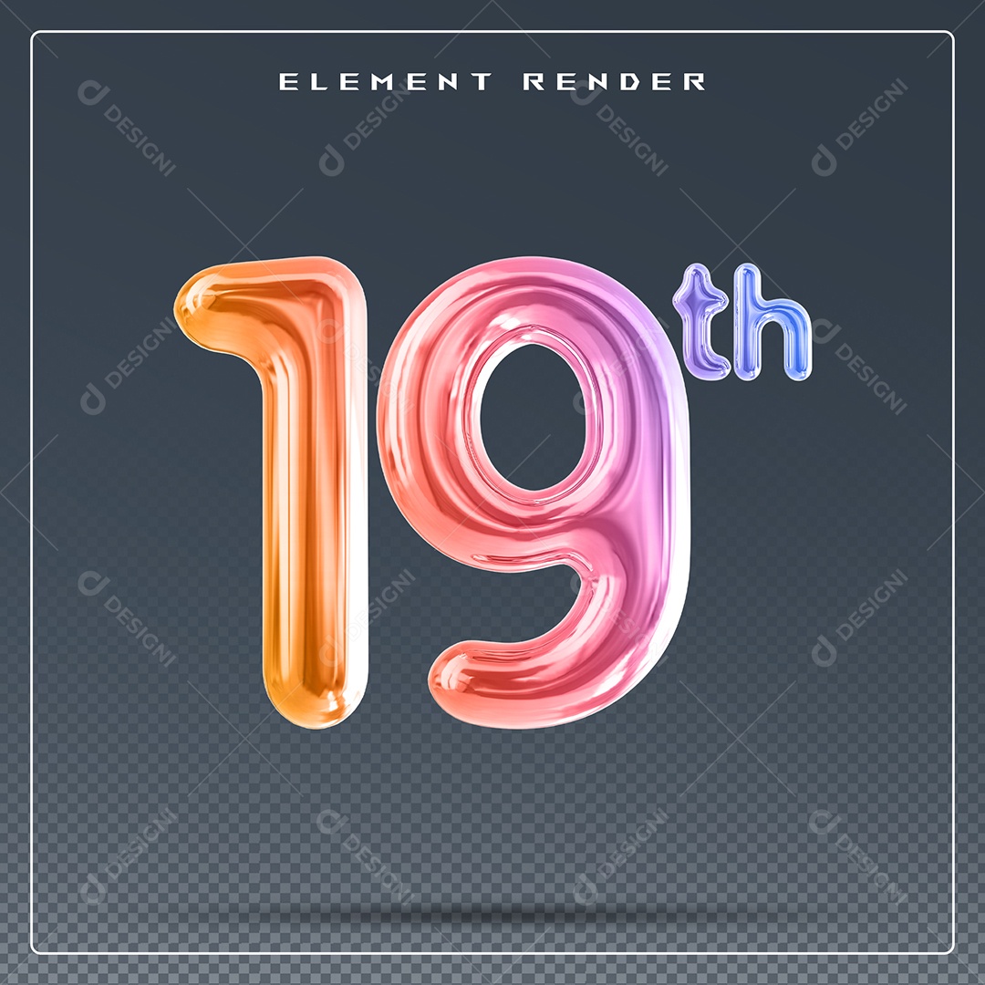 Elemento 3D Número 19 Colorido para Composição PSD