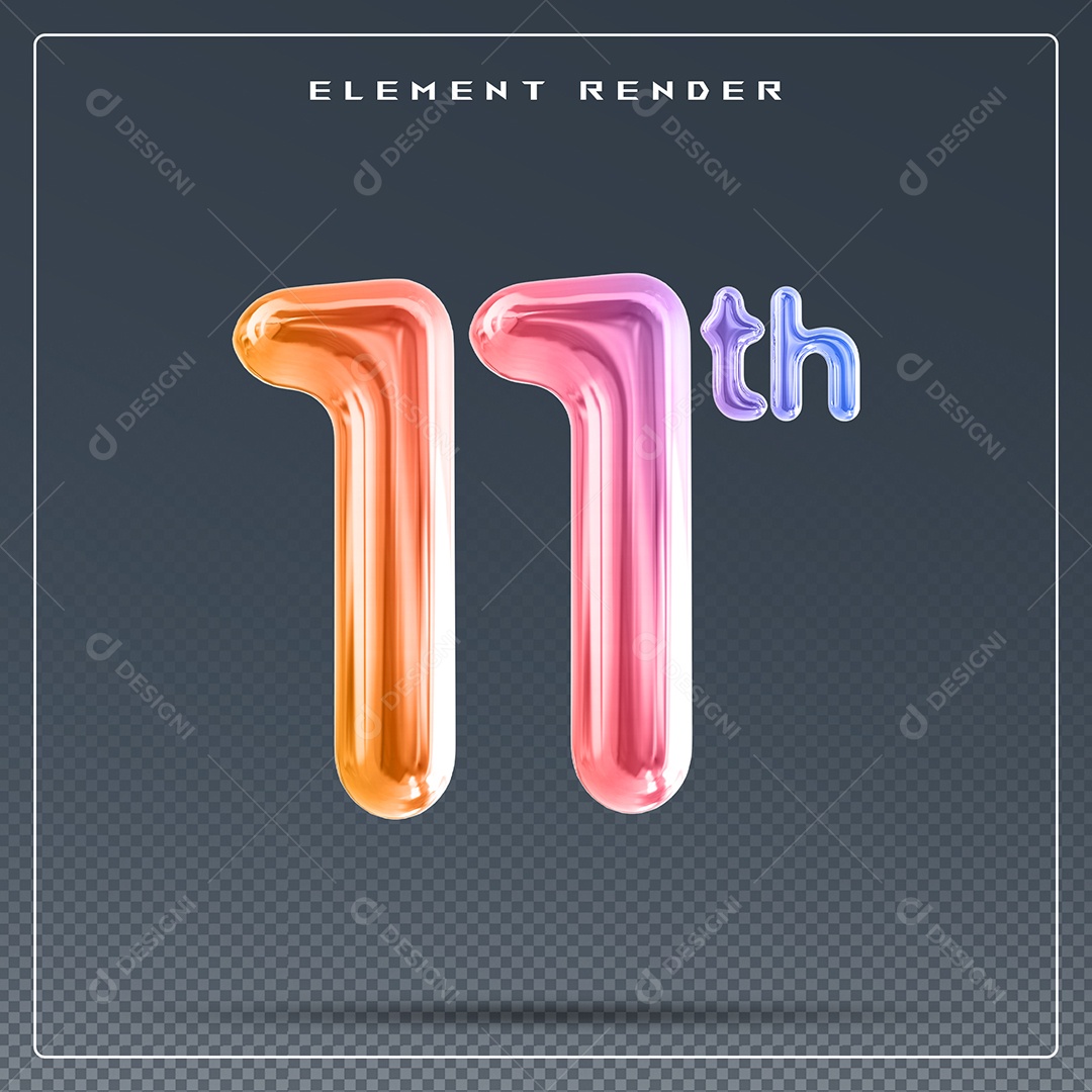 Elemento 3D Número 11 Th Colorido para Composição PSD