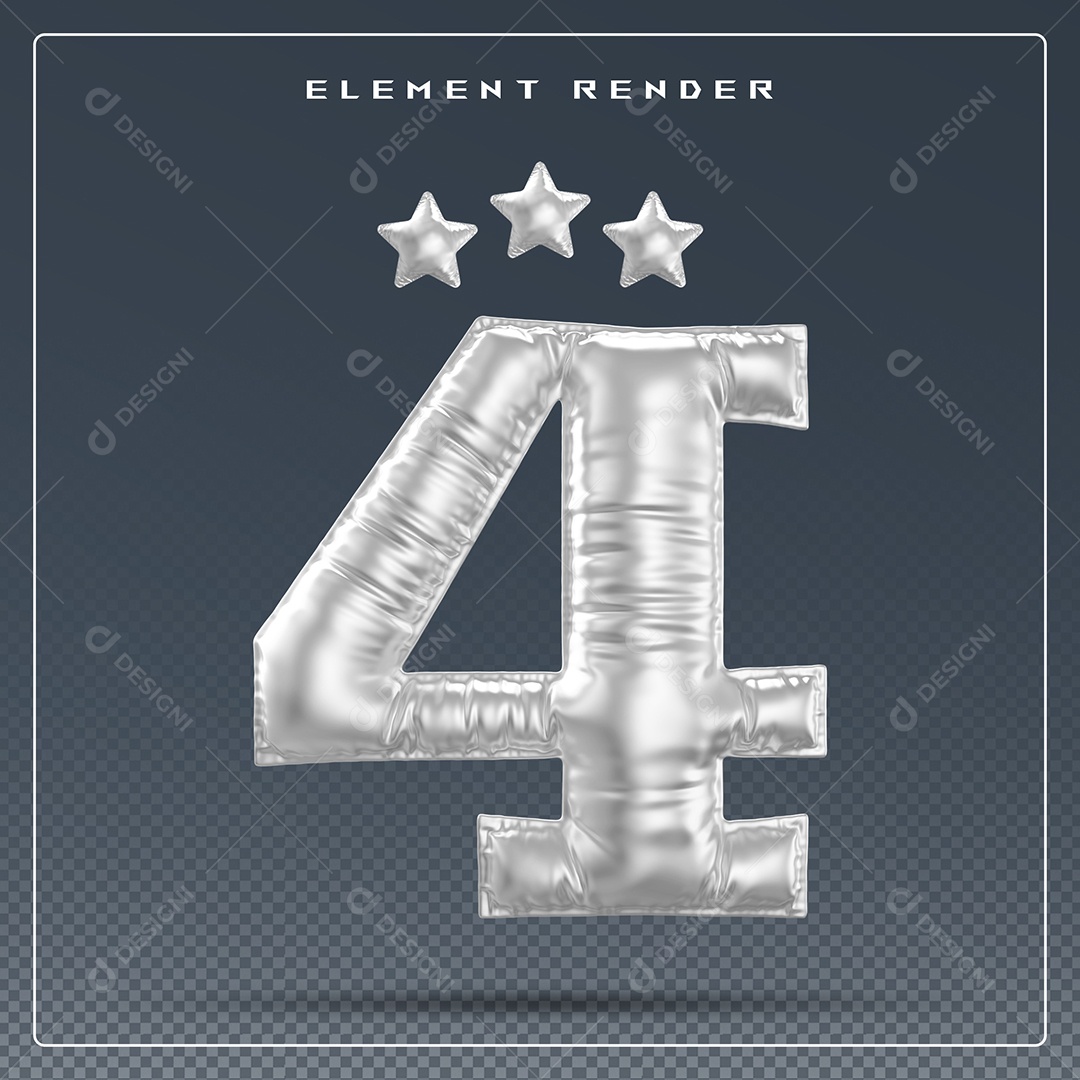 Elemento 3D Número 4 Cinza para Composição PSD