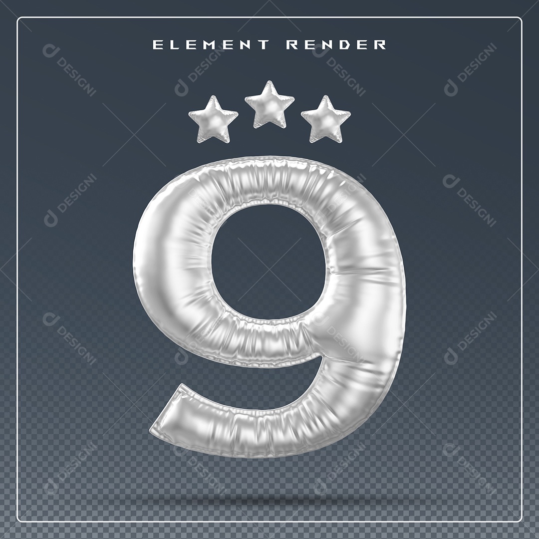 Elemento 3D Número 9 Cinza para Composição PSD
