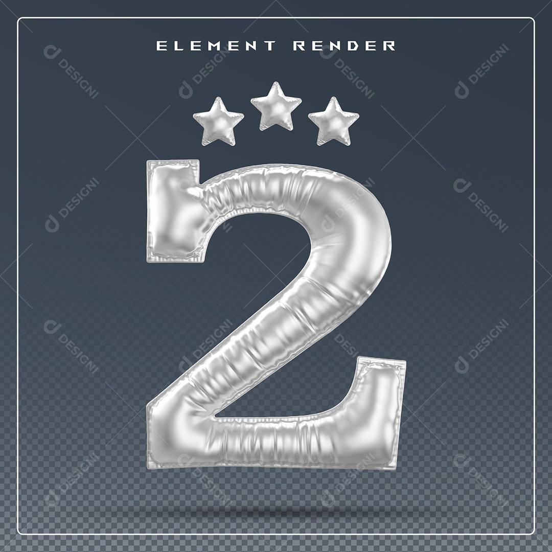 Elemento 3D Número 2 Cinza para Composição PSD