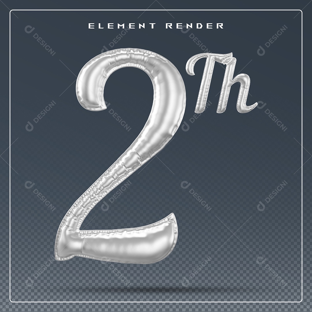 Elemento 3D Número 2 Th Cinza para Composição PSD