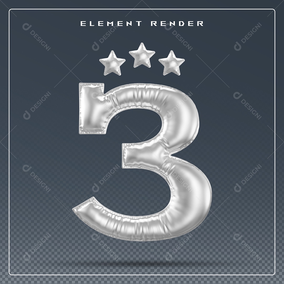 Elemento 3D Número 3 Cinza para Composição PSD
