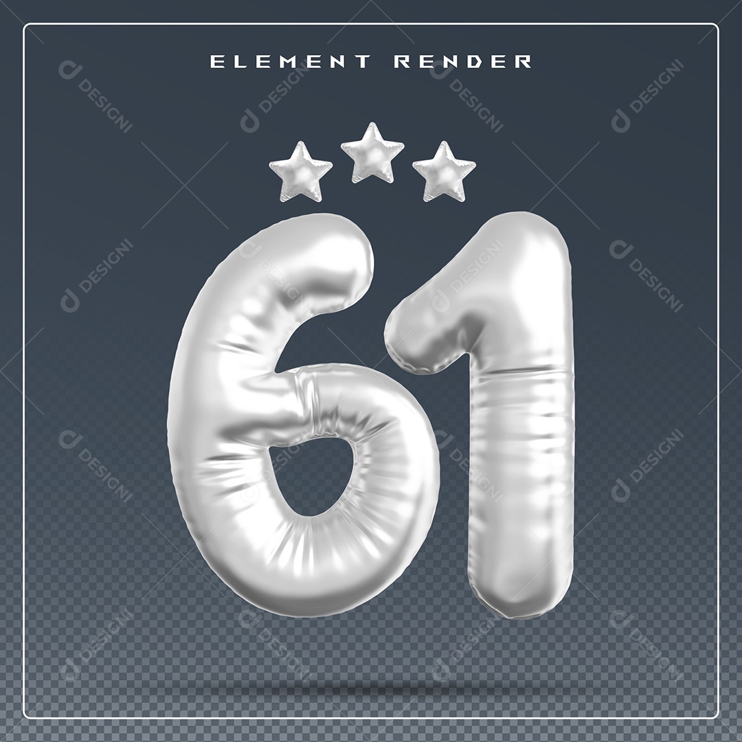 Elemento 3D Número 61 Cinza para Composição PSD