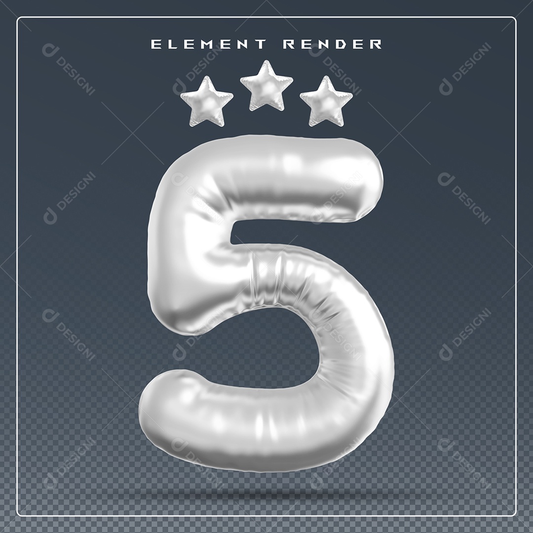 Elemento 3D Número 5 Cinza para Composição PSD