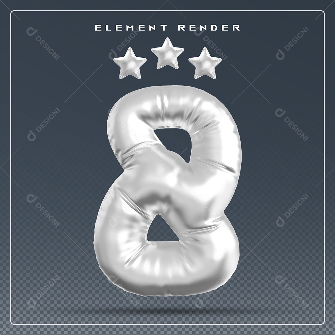 Elemento 3D Número 8 Cinza para Composição PSD