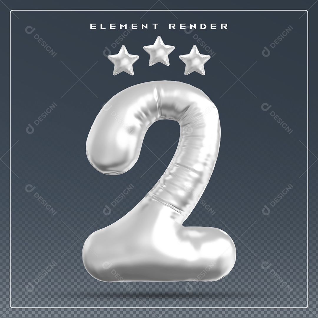 Elemento 3D Número 2 Cinza para Composição PSD