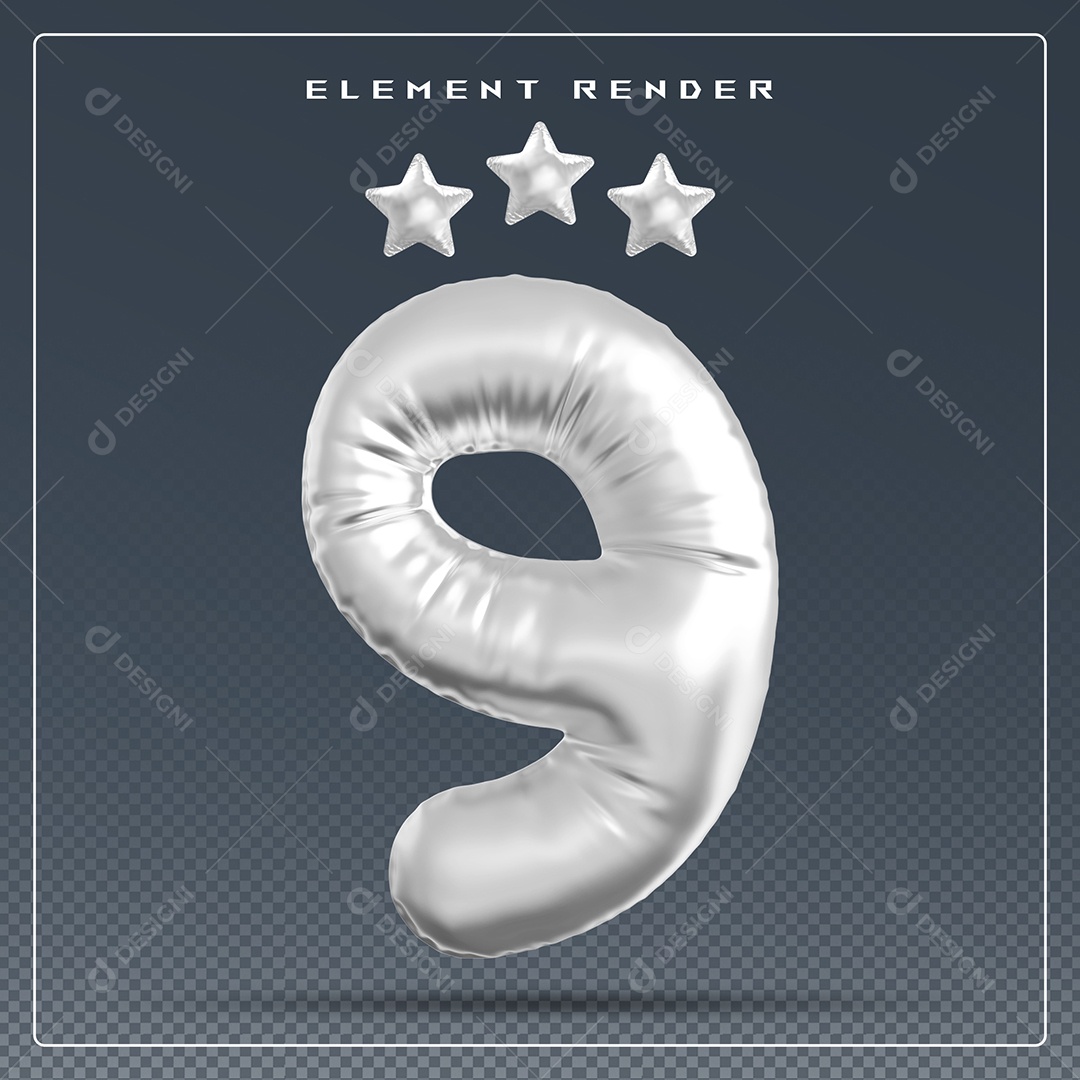 Elemento 3D Número 9 Cinza para Composição PSD