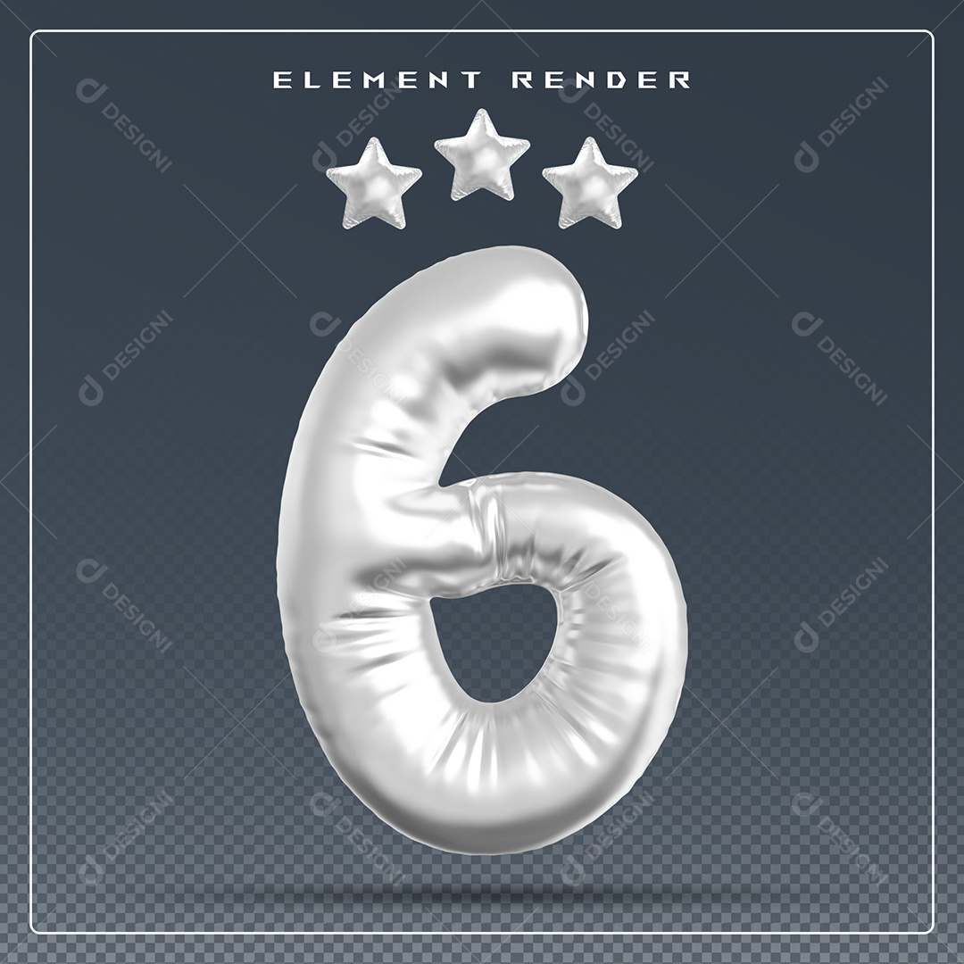 Elemento 3D Número 6 Cinza para Composição PSD