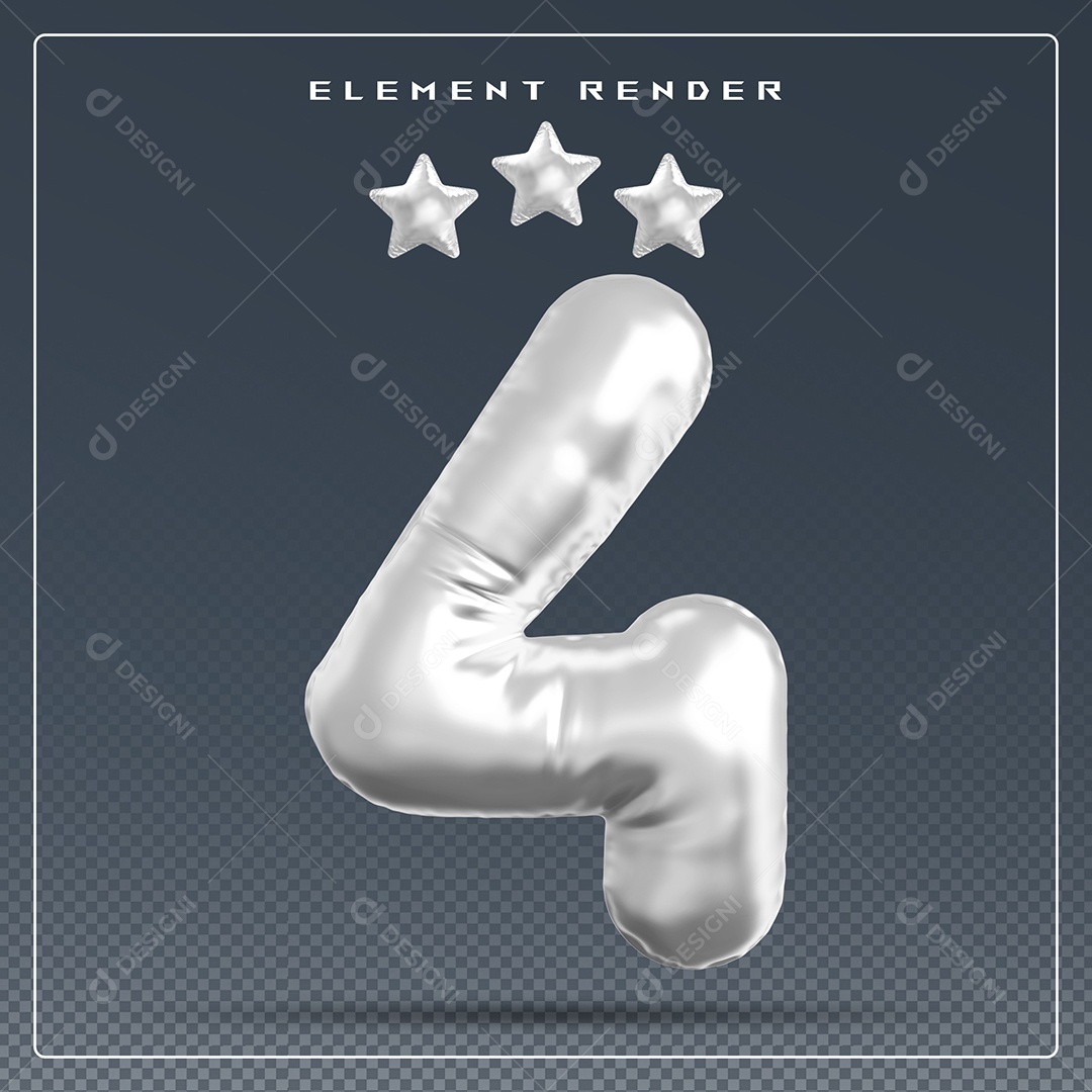 Elemento 3D Número 4 Cinza para Composição PSD